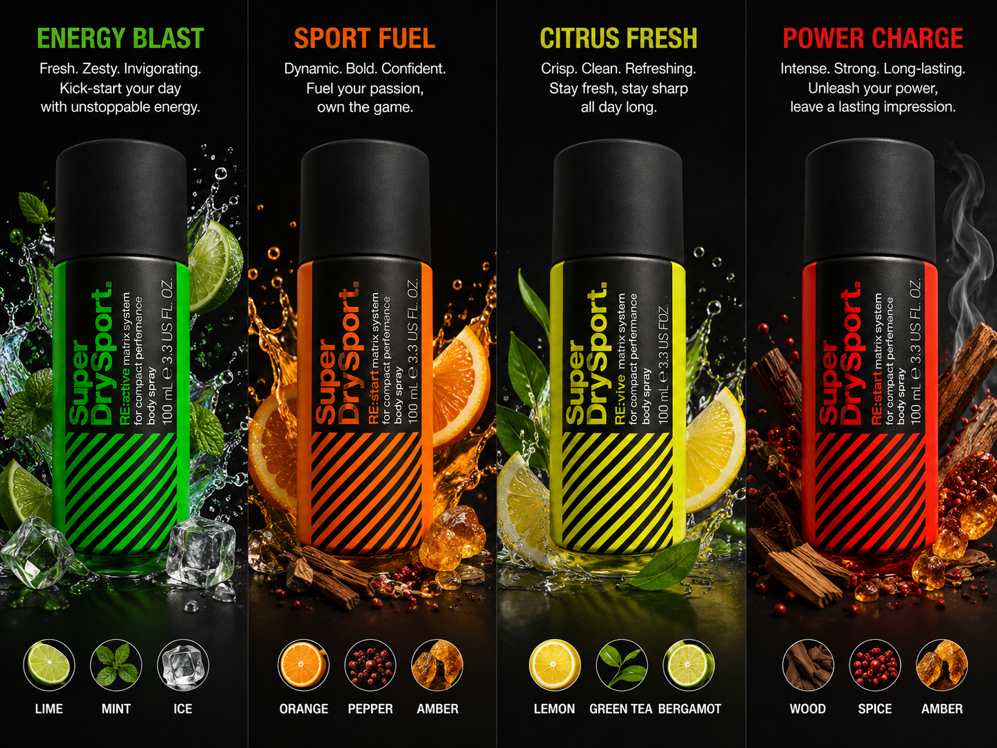 Super Dry Sport Signature Body Spray Quad Gift Set – 4 x 100ml Long-Lasting Fragrance Collection