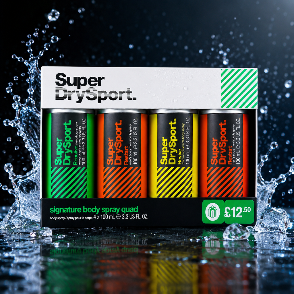 Super Dry Sport Signature Body Spray Quad Gift Set – 4 x 100ml Long-Lasting Fragrance Collection